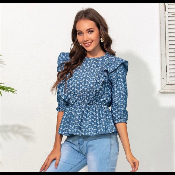 Ruffle Denim Peplum Blouse - Picture 1 of 4